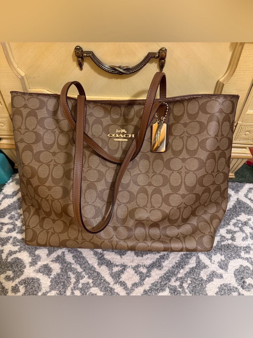 Coach Brown Signature Monogram Tote with Gold Hardware